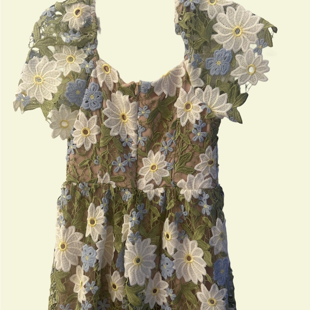 Handmade Mini Dress with Blue green  and White Flowers